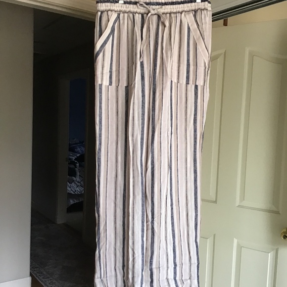Marissa Olivia Pants Cream Multi Striped Linen Blend Wide Leg Pull On Sz M - Picture 1 of 3